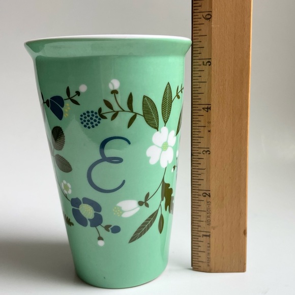 Travel Cup Tall Monogram E Green White Blue Silicone Lid Porcelain Coffee Floral - Picture 10 of 16